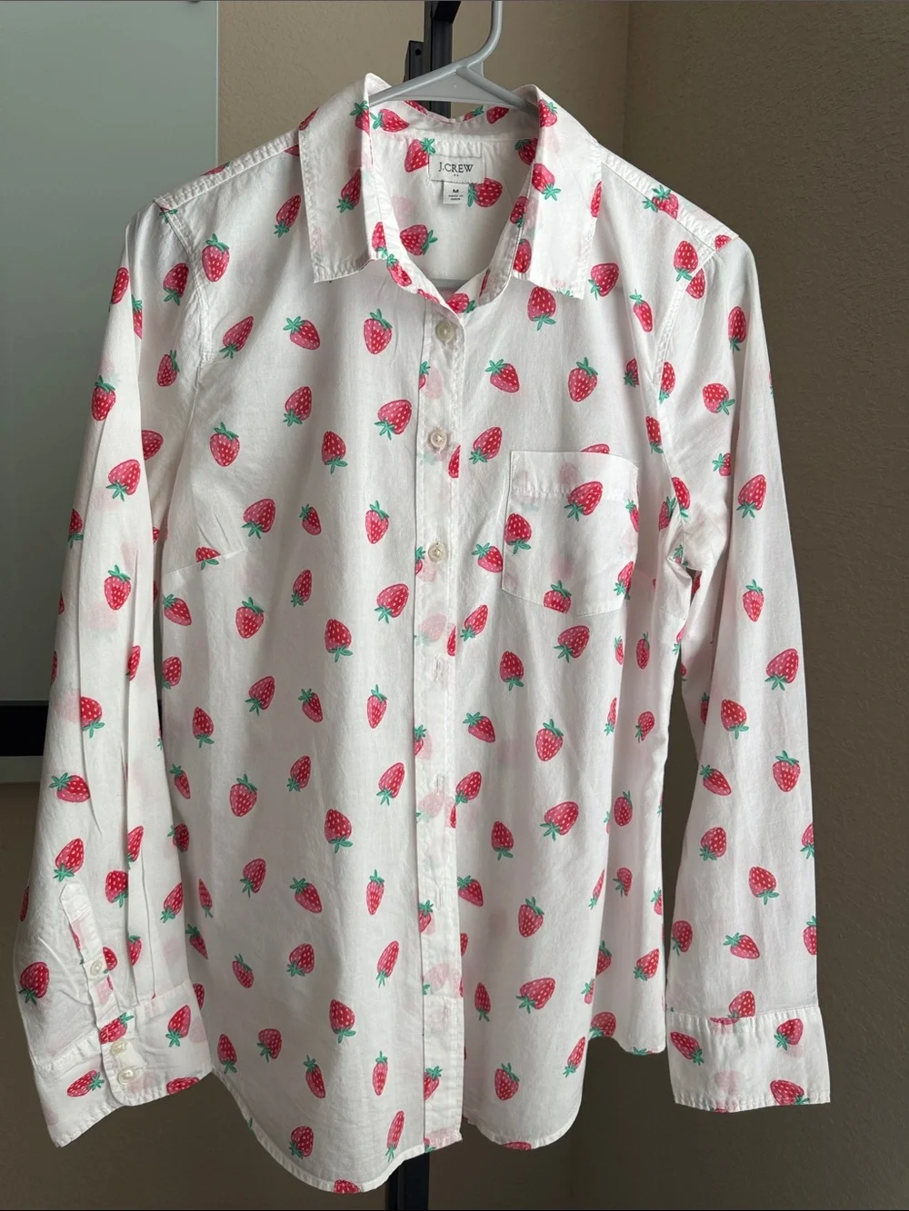 J. Crew White Button-Down Shirt with Red Strawberry Print, slim fit 20 in ptp - Picture 1 of 5